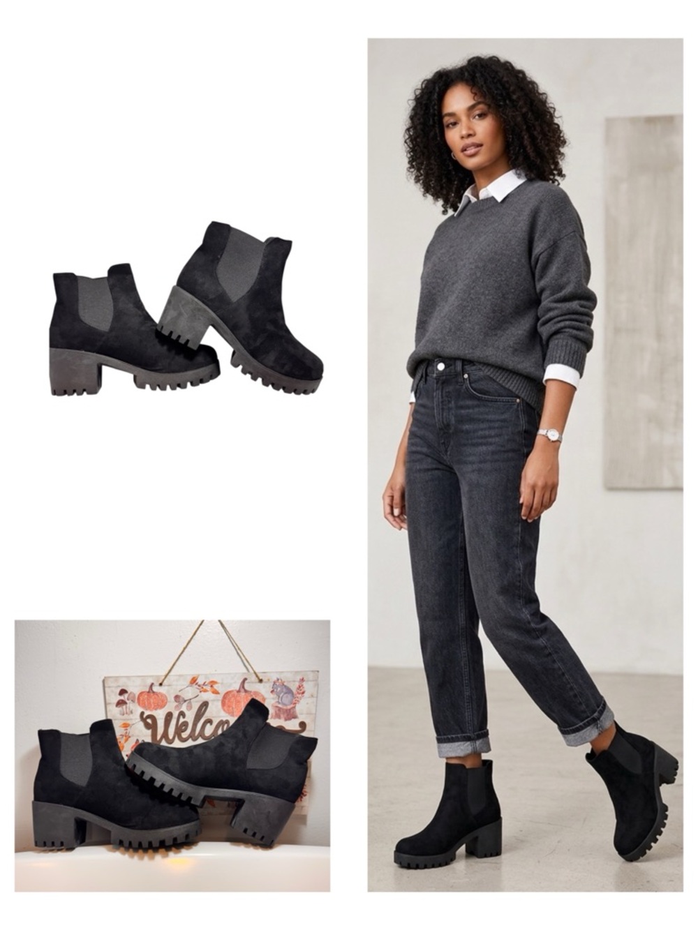 Size 43 ( USA 10) Black Suede Lug Chelsea Booties